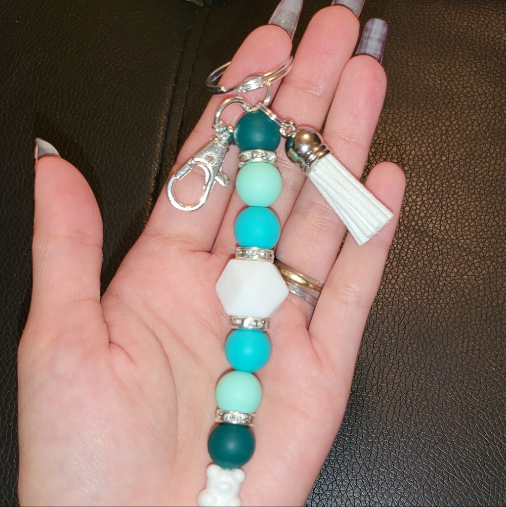 Green  Sliver Bear Tassle Keychain